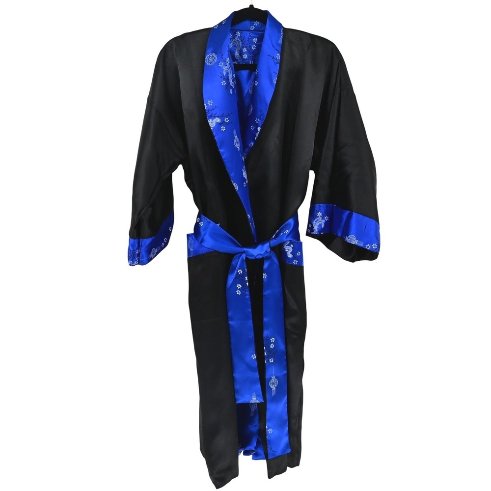 VTG Reversible Phoenix Dragon Kimono Robe Silk Satin Black Blue Pristine Boho - Picture 3 of 15